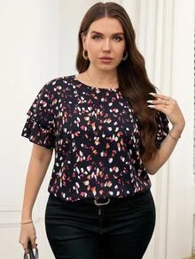 Reflora Elegant Plus Size Round Neck Double Layer Sleeve Geometric Polka Dot Print Loose Blouse - Multicolor - View 1