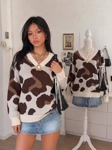 Trelyra Women's Jacquard Colorblock Street Style Loose Long Sleeve Sweater - Multicolor - View 1