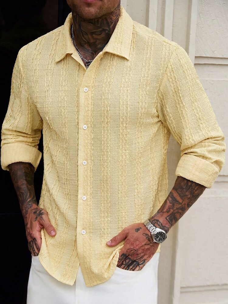 Manfinity CasualCool Men's Casual Tropical Fashion Versatile Knitted Jacquard Pale Yellow Shirt Vacation Autumn - Yellow - View 3