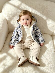 SHEIN Vintaside Kids 嬰兒女童復古田園碎花連帽夾克，拉鍊開合，抓絨內裡，冬季休閒外套 - 藍色 - 查看 9
