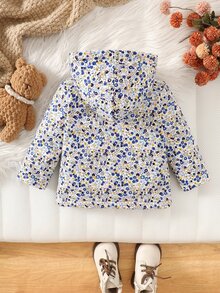 SHEIN Vintaside Kids 嬰兒女童復古田園碎花連帽夾克，拉鍊開合，抓絨內裡，冬季休閒外套 - 藍色 - 查看 3