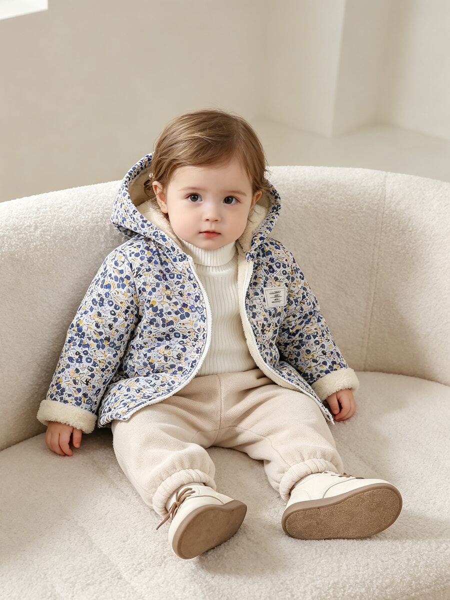SHEIN Vintaside Kids 嬰兒女童復古田園碎花連帽夾克，拉鍊開合，抓絨內裡，冬季休閒外套