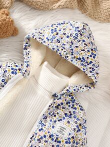 SHEIN Vintaside Kids 嬰兒女童復古田園碎花連帽夾克，拉鍊開合，抓絨內裡，冬季休閒外套 - 藍色 - 查看 6