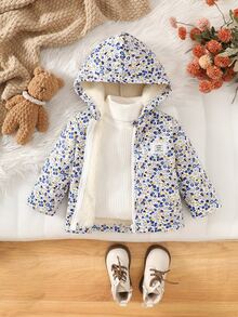 SHEIN Vintaside Kids 嬰兒女童復古田園碎花連帽夾克，拉鍊開合，抓絨內裡，冬季休閒外套 - 藍色 - 查看 4