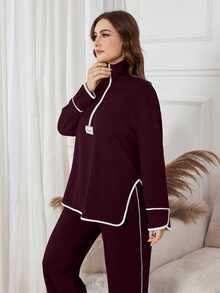 Modelyn Women's Black Stand Collar Half Zip Hoodie With Letter Patch, Loose Casual Two Pieces Set, Suitable For Autumn/Winter - Burgundy - View 3