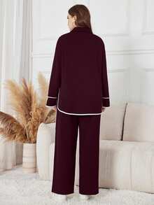 Modelyn Women's Black Stand Collar Half Zip Hoodie With Letter Patch, Loose Casual Two Pieces Set, Suitable For Autumn/Winter - Burgundy - View 2