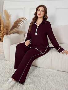 Modelyn Women's Black Stand Collar Half Zip Hoodie With Letter Patch, Loose Casual Two Pieces Set, Suitable For Autumn/Winter - Burgundy - View 5