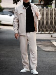 Manfinity Homme Men's Casual Jacket & Pants Set Casual Two Piece Set, Beige Outfit, Walking Set, Fall Clothes - Apricot - View 7