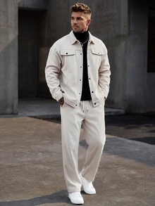 Manfinity Homme Men's Casual Jacket & Pants Set Casual Two Piece Set, Beige Outfit, Walking Set, Fall Clothes - Apricot - View 1