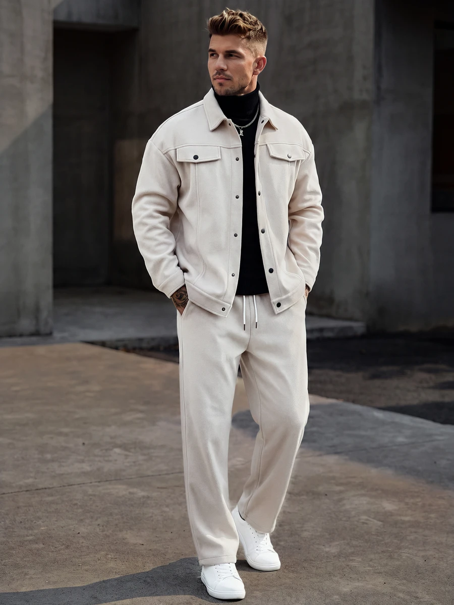 Manfinity Homme Men's Casual Jacket & Pants Set Casual Two Piece Set, Beige Outfit, Walking Set, Fall Clothes - Apricot - View 1