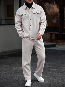 Manfinity Homme Men's Casual Jacket & Pants Set Casual Two Piece Set, Beige Outfit, Walking Set, Fall Clothes - Apricot - View 3