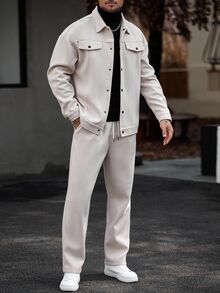 Manfinity Homme Men's Casual Jacket & Pants Set Casual Two Piece Set, Beige Outfit, Walking Set, Fall Clothes - Apricot - View 4