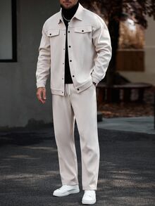 Manfinity Homme Men's Casual Jacket & Pants Set Casual Two Piece Set, Beige Outfit, Walking Set, Fall Clothes - Apricot - View 5