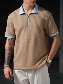 Manfinity CasualCool Men's Casual Textured Zipper Half-Placket Short Sleeve Contrast Color Polo Shirt - Khaki - View 4