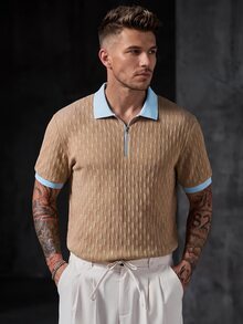 Manfinity CasualCool Men's Casual Textured Zipper Half-Placket Short Sleeve Contrast Color Polo Shirt - Khaki - View 1