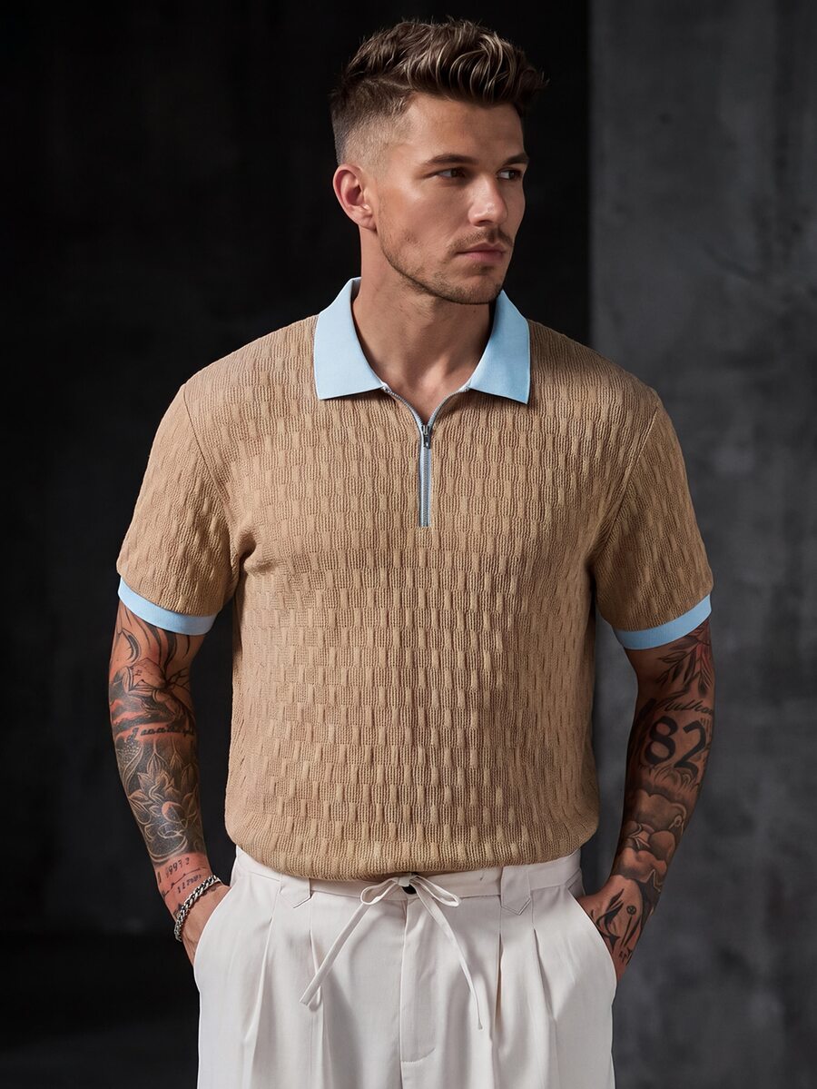 Manfinity CasualCool Men's Casual Textured Zipper Half-Placket Short Sleeve Contrast Color Polo Shirt - Khaki - View 1