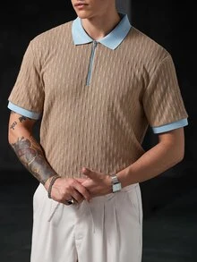 Manfinity CasualCool Men's Casual Textured Zipper Half-Placket Short Sleeve Contrast Color Polo Shirt - Khaki - View 2