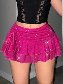 Sweetina Ultra Low Waist Ruched Tie Slit High Hem Rhinestone Mesh Mini Skirt - Hot Pink - View 3