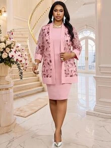 Fleurora 大尺碼女款亮片網紗 3/4 袖外套洋裝 優雅休閒 2 件套 婚禮正式晚宴賓客穿搭 粉色淺粉色夏季上衣 - 藕粉色 - 查看 5