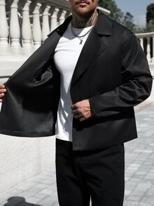Manfinity CasualCool Men's Spring/Summer Black Design-Focused Mature Casual Loose Fit Trench Coat - Black - View 6