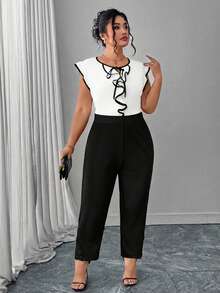 Reflora Plus Size Women Casual Elegant/Commute Office Formal Lace Patchwork Pants Black Summer - Black - View 5