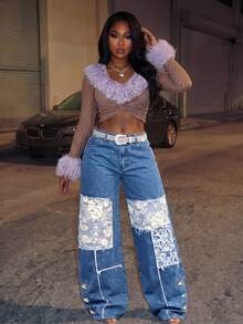 BriallanyX BriallanyX Women's Patchwork Floral Pattern Pocket Casual Denim Wide Leg Pants - Blue - View 2