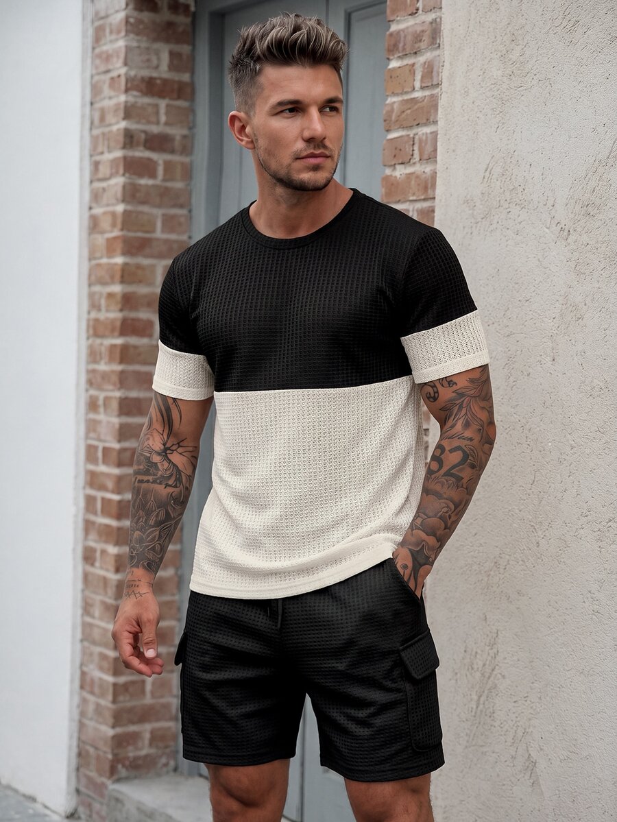 Manfinity CasualCool Men's Contrast Color Round Neck Short Sleeve T-Shirt And Shorts Casual Casual Set Day Black And Cream Summer - Multicolor - View 1