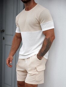 Manfinity CasualCool 男士纯色 T 恤和短裤套装，夏季时尚休闲两件套男士舒适服装 - 彩色 - 查看 3