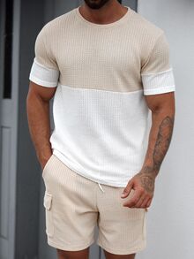 Manfinity CasualCool 男士纯色 T 恤和短裤套装，夏季时尚休闲两件套男士舒适服装 - 彩色 - 查看 2