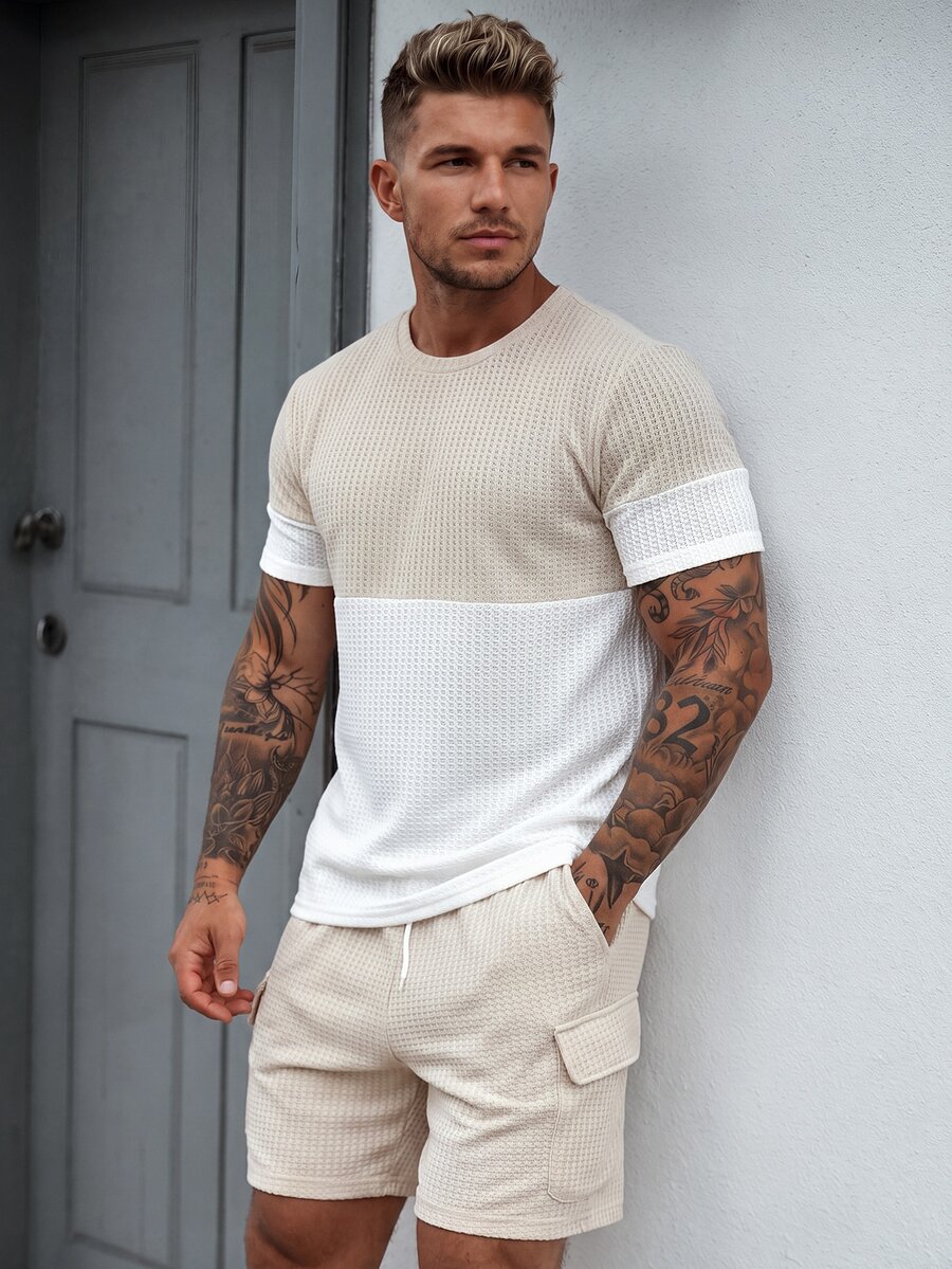 Manfinity CasualCool 男士纯色 T 恤和短裤套装,夏季时尚休闲两件套男士舒适服装 - 彩色 - 查看 1