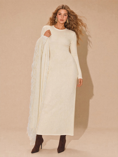 Enchnt Premium Fall Winter Romantic Women's Elegant White Tassel Scarf & Dress Knit 2/Pcs Set,Casual,Festival Dress,Work Outfits,Going Out,Christmas