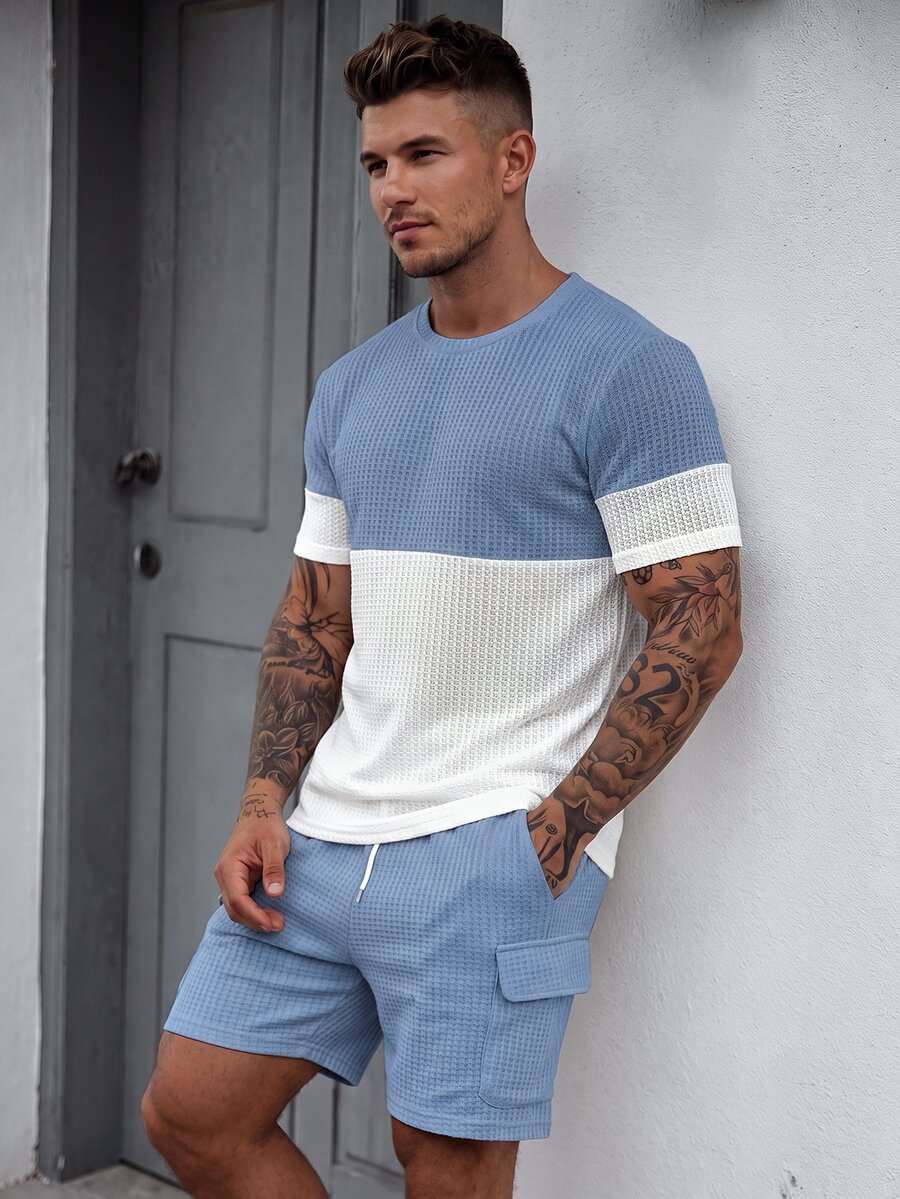 Manfinity CasualCool Men's Summer Casual Colorblock Patchwork T-Shirt And Shorts Set - Multicolor - View 1