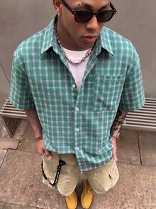 STEELVANCE 男士小格短袖襯衫，單口袋經典款，適合正式或休閒場合，休閒度假、聚會、簡約辦公，居家穿搭百搭，適合自用或送給朋友的禮物，熱銷舒適面料襯衫 - 彩色 - 查看 1