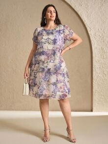 Reflora Plus Size Women's Floral Pattern Round Neck Ruffle Sleeve Elegant Dress, Beige Summer Outfits For Party Wedding Guest Mother Of The Bride, Wedding - Multicolor - View 6