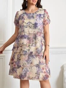 Reflora Plus Size Women's Floral Pattern Round Neck Ruffle Sleeve Elegant Dress, Beige Summer Outfits For Party Wedding Guest Mother Of The Bride, Wedding - Multicolor - View 9