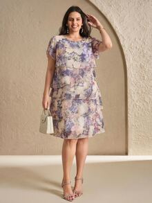 Reflora Plus Size Women's Floral Pattern Round Neck Ruffle Sleeve Elegant Dress, Beige Summer Outfits For Party Wedding Guest Mother Of The Bride, Wedding - Multicolor - View 5