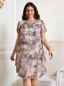 Reflora Plus Size Women's Floral Pattern Round Neck Ruffle Sleeve Elegant Dress, Beige Summer Outfits For Party Wedding Guest Mother Of The Bride, Wedding - Multicolor - View 2