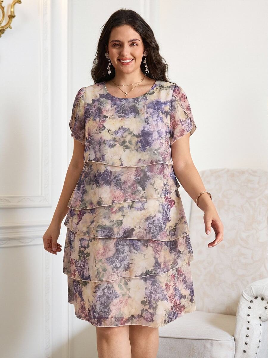 Reflora Plus Size Women's Floral Pattern Round Neck Ruffle Sleeve Elegant Dress, Beige Summer Outfits For Party Wedding Guest Mother Of The Bride, Wedding