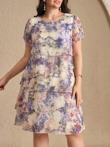 Reflora Plus Size Women's Floral Pattern Round Neck Ruffle Sleeve Elegant Dress, Beige Summer Outfits For Party Wedding Guest Mother Of The Bride, Wedding - Multicolor - View 10