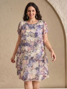 Reflora Plus Size Women's Floral Pattern Round Neck Ruffle Sleeve Elegant Dress, Beige Summer Outfits For Party Wedding Guest Mother Of The Bride, Wedding - Multicolor - View 8