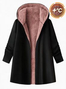 SHEIN Clasi 女款優雅秋冬加厚保暖內裡長款毛皮連帽大衣 黑色 - 粉色 - 查看 4