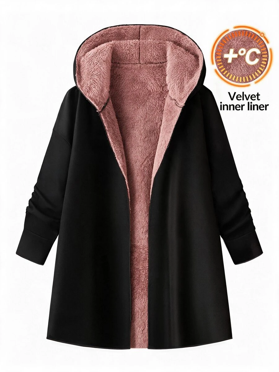 SHEIN Clasi 女款優雅秋冬加厚保暖內裡長款毛皮連帽大衣 黑色 - 粉色 - 查看 1