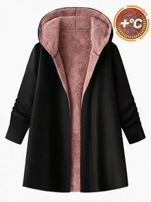 SHEIN Clasi 女款優雅秋冬加厚保暖內裡長款毛皮連帽大衣 黑色 - 粉色 - 查看 5