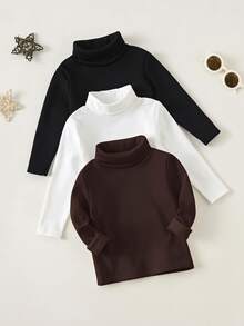 SHEIN 3PCS Baby Boys Solid High Collar Long Sleeve Winter Tops - Multicolor - View 5