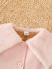 SHEIN 1件女嬰幼童女童洋裝大衣 優雅甜美粉色蝴蝶結 毛茸茸毛領 長袖翻領 加厚 A字版型 聖誕冬季婚禮賓客度假款 - 粉色 - 查看 6
