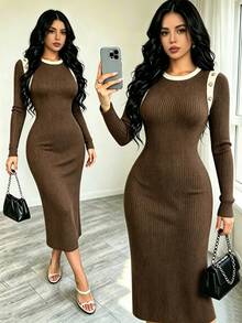 Breezaya New Knit Elastic Shoulder Patchwork Decorative Button Long Sleeve Bodycon Design Elegant Casual Versatile Commute Daily Women's Mid-Length Dress - Multicolor - View 5