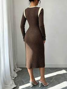 Breezaya New Knit Elastic Shoulder Patchwork Decorative Button Long Sleeve Bodycon Design Elegant Casual Versatile Commute Daily Women's Mid-Length Dress - Multicolor - View 2