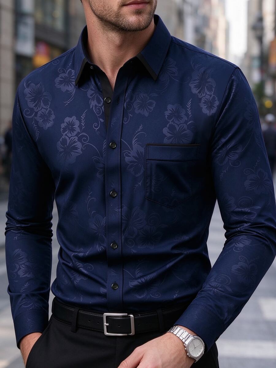 Manfinity Mode Men's Floral Pattern Single-Breasted Pocket Long Sleeve Shirt, Formal, Old Money - Navy Blue - View 1
