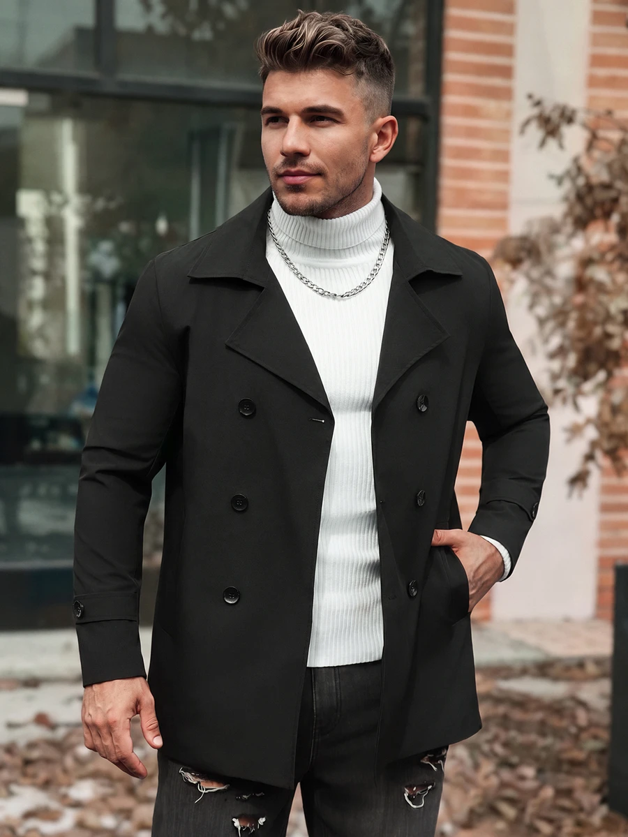 Manfinity Homme Men's Long Sleeve Casual Solid Color Turndown Collar Double-Breasted Black Trench Coat, Old Money , Fall - Black - View 1