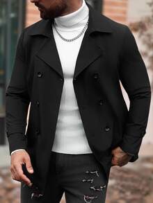 Manfinity Homme Men's Long Sleeve Casual Solid Color Turndown Collar Double-Breasted Black Trench Coat, Old Money , Fall - Black - View 2